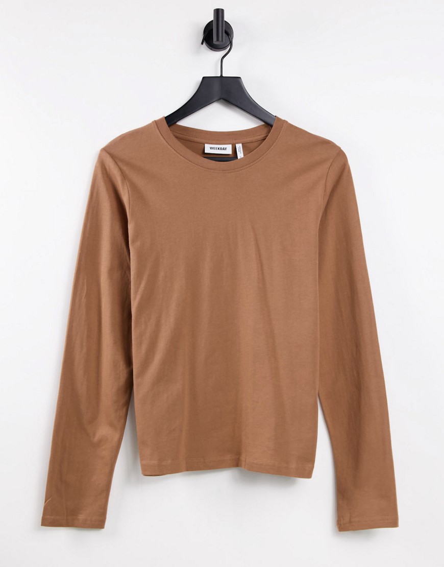 Weekday Alanis organic cotton long sleeve t-shirt in brown-Black