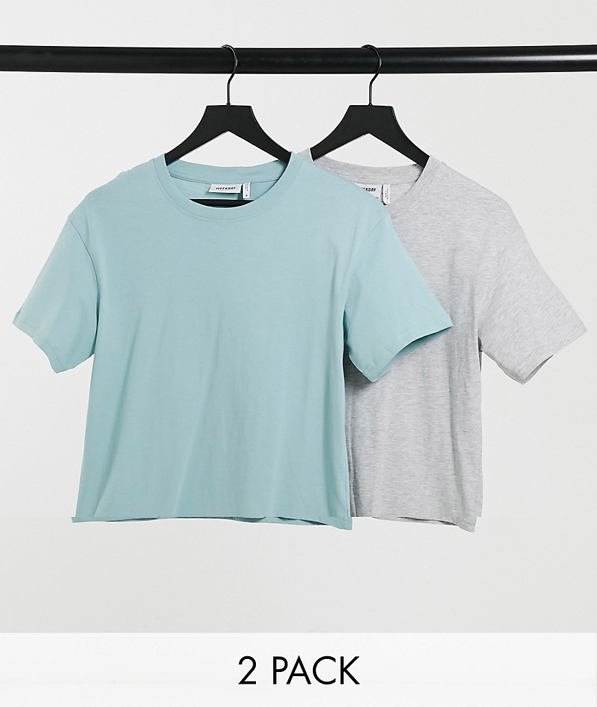 Weekday - Alanis - Set van 2 T-shirts van biologisch katoen in grijs en groen-Multi