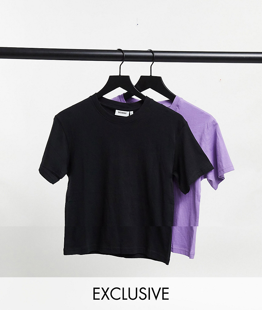 Weekday - Alanis - Set van 2 T-shirts van biologisch katoen in zwart en paars-Verschillende kleuren