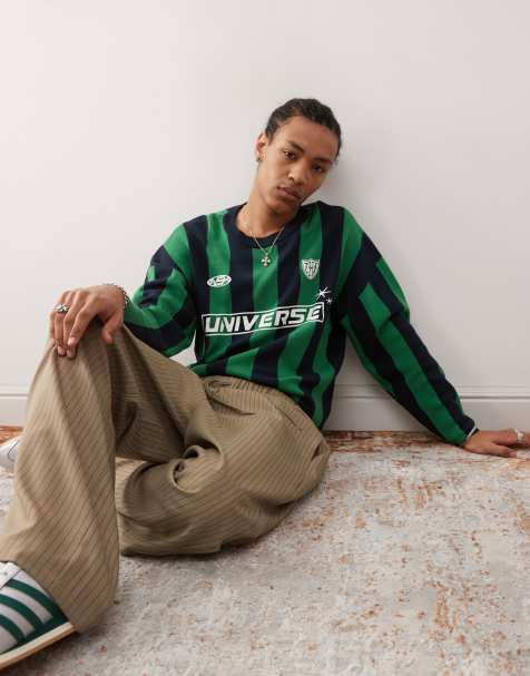 Weekday Alek jumper with football graphic in navy and green stripe - view 1