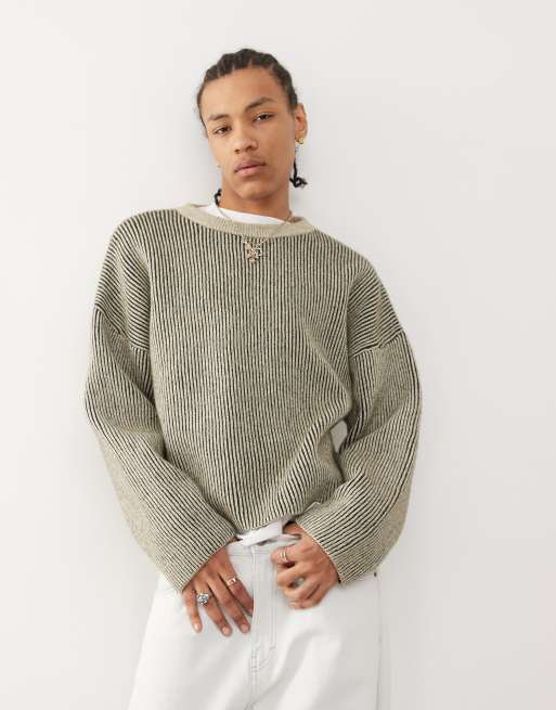Weekday - Alek - Maglione in misto lana a coste kaki bicolore 