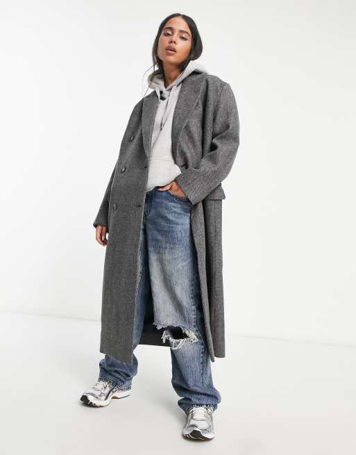 Weekday - Alex - Oversized grå og dobbeltradet frakke i sildebensmønster med maskulint look