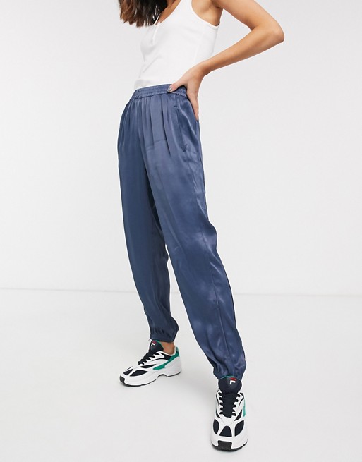 Weekday Alexis cuffed satin joggers in deep blue