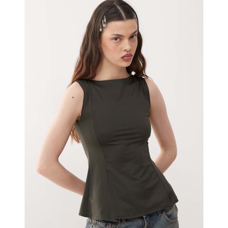 Weekday Alicia peplum top in khaki | ASOS