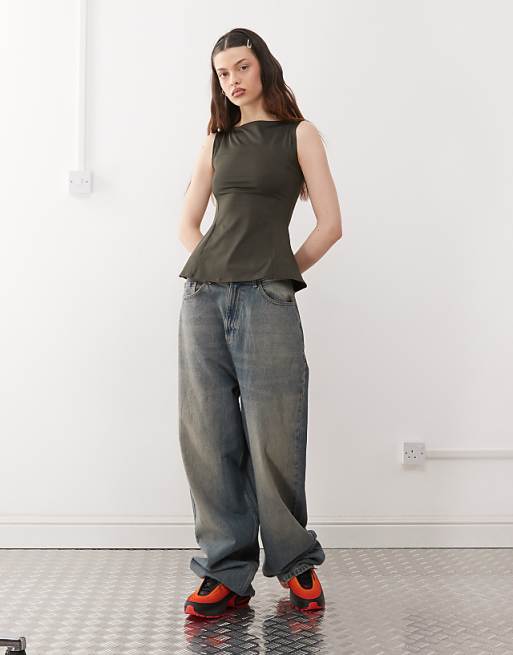 Weekday Alicia peplum top in khaki | ASOS Weekday Alicia peplum top in khaki | ASOS