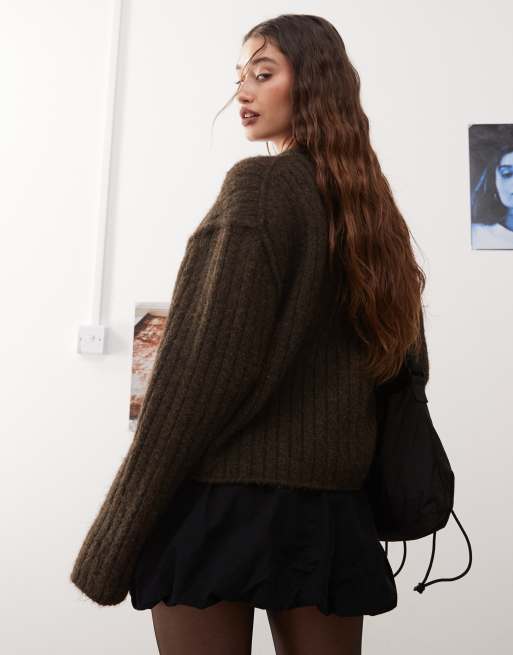 Weekday - Alika - Chunky og mørkebrun cardigan i uldblanding, 4 af 4