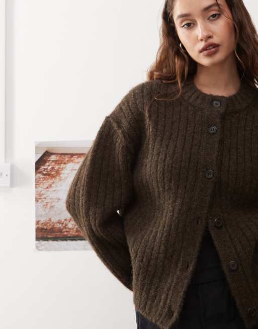 Weekday Alika chunky wool blend cardigan in dark mole | ASOS