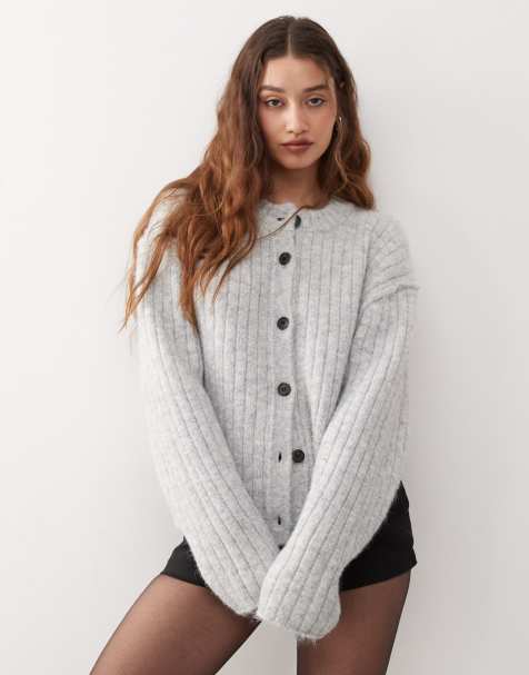 Weekday Alika chunky wool blend cardigan in grey melange - view 1