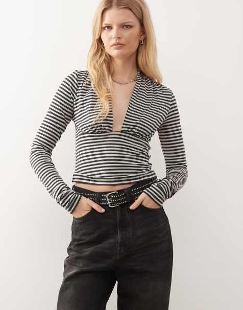 Weekday Aline deep halter neck top in grey stripe exclusive to ASOS