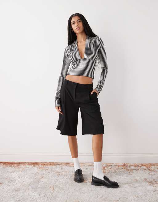 Weekday Aline deep halter neck top in grey stripe exclusive to ASOS, 2 of 4