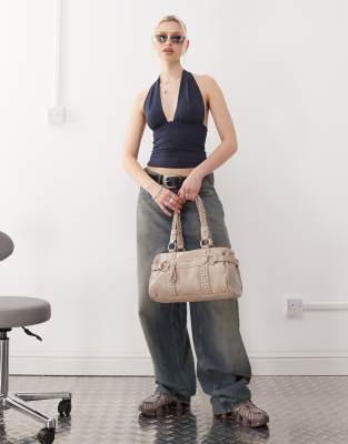 Weekday Aline Deep Halter Neck Top In Navy