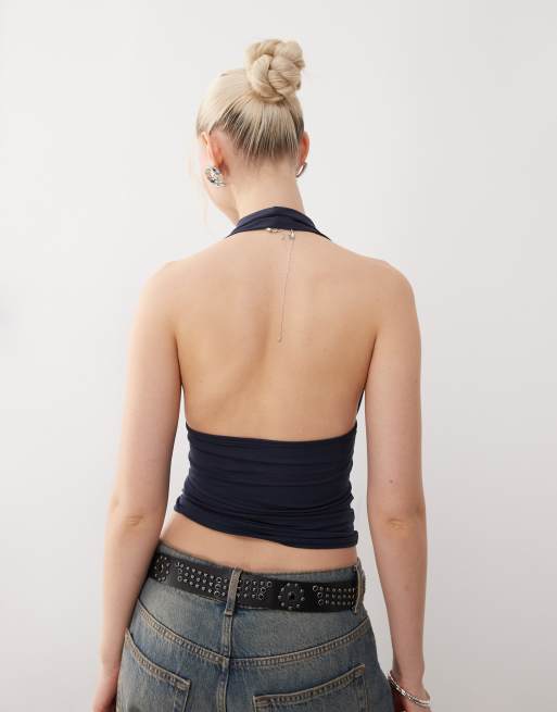 Weekday Aline deep halter neck top in navy, 4 of 4