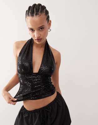 Aline halter neck sequin top in black