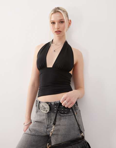 Weekday - Aline - Top met diepe halternek in zwart - view 1
