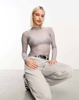 Weekday Allison Mock Neck Long Sleeve Top In Gray