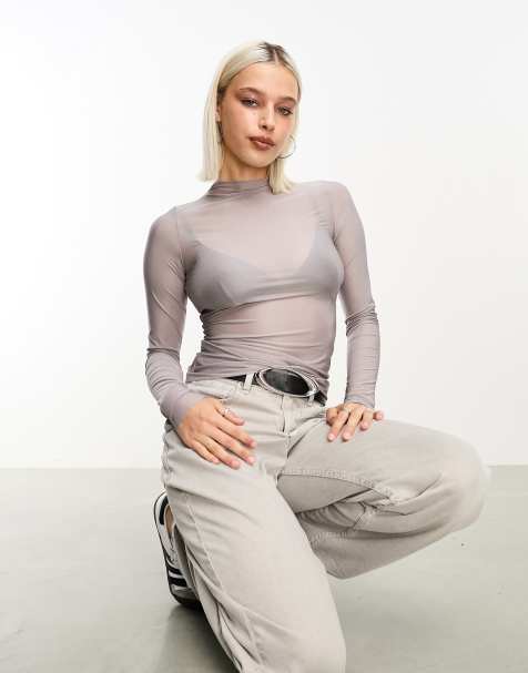 Weekday Allison mock neck long sleeve top in grey