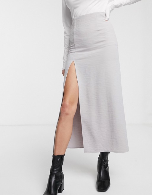 Weekday Amani straight midi skirt with side slit in light grey