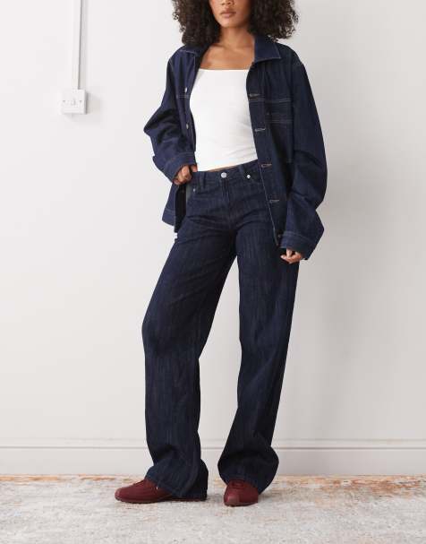 Weekday Ample low waist baggy fit jeans in dark blue slub wash