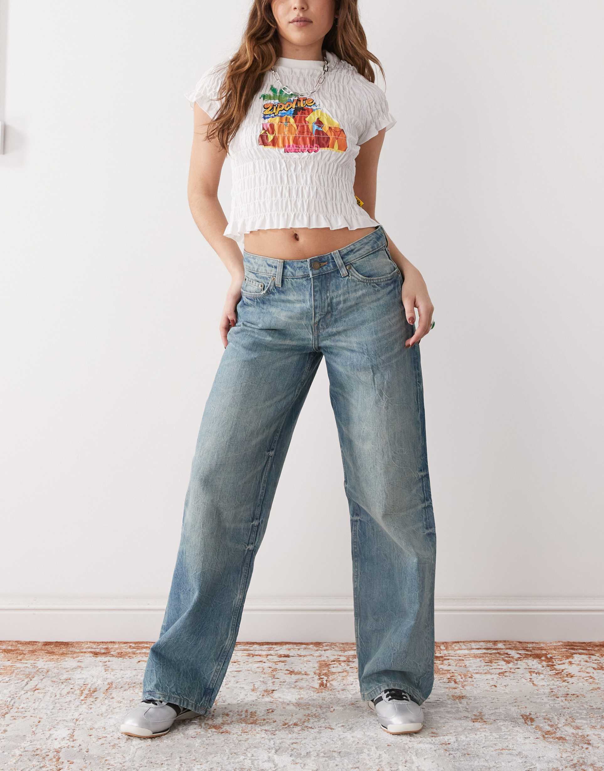 weekday ample low waist baggy fit jeans in worn blue wash