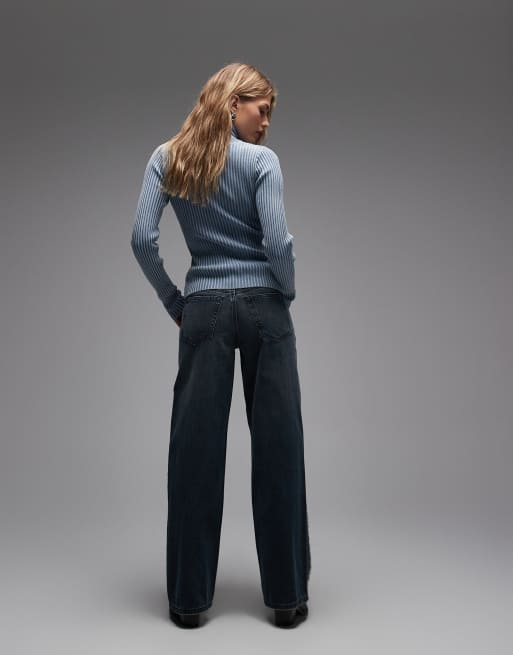 Weekday ample low waist baggy fit jeans with frayed detail in dark blue wash, 2 of 5