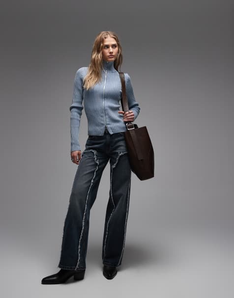 Weekday ample low waist baggy fit jeans with frayed detailing in dark blue wash - view 1