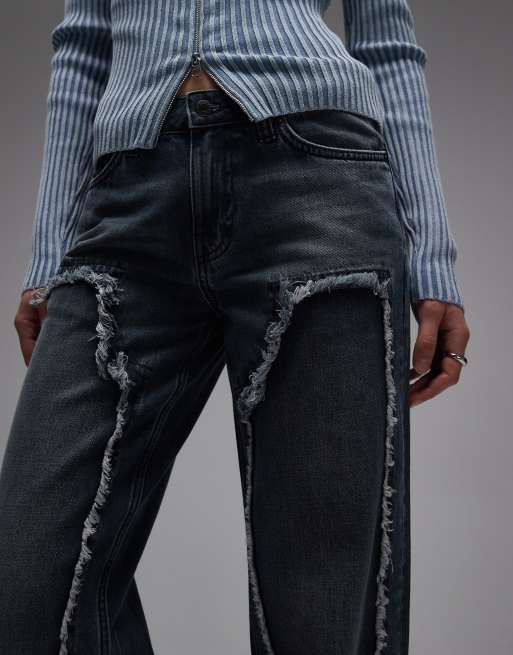 Weekday ample low waist baggy fit jeans with frayed detailing in dark blue wash, 5 of 5