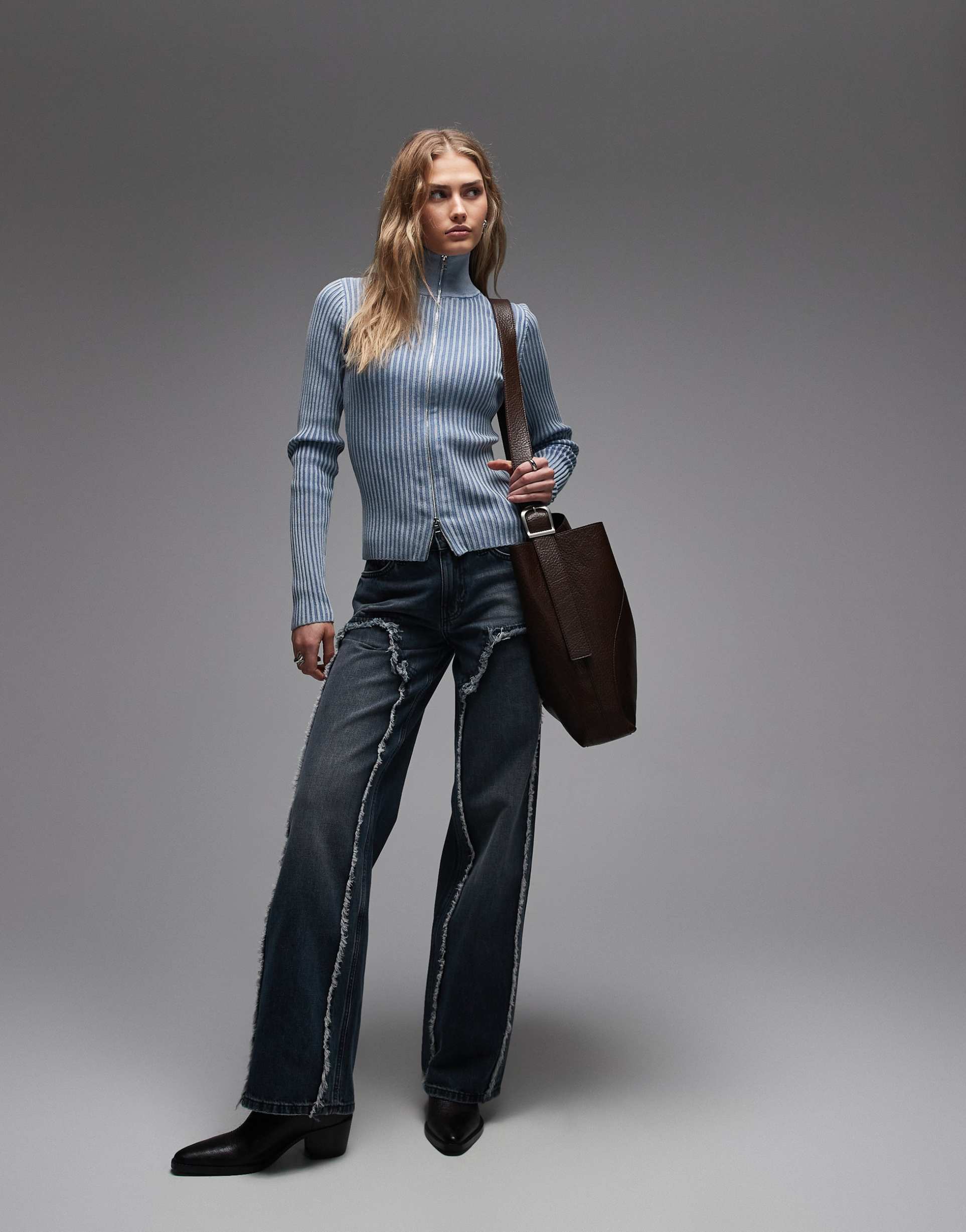 weekday ample low waist baggy fit jeans with frayed detailing in mid blue wash