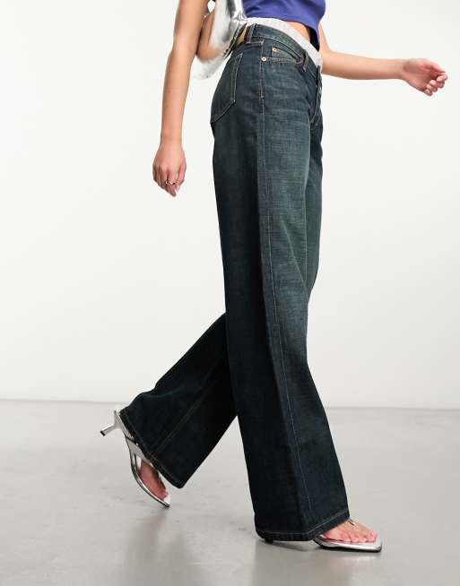 Weekday Ample low waist loose fit straight leg jeans in swamp blue | ASOS