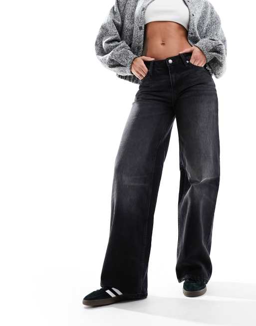 Weekday Ample low waist loose fit straight leg jeans in washed black