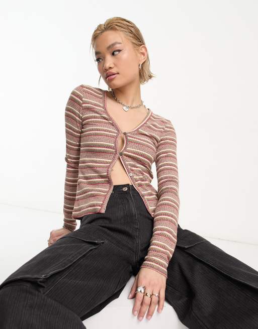 Weekday – Anais – Gestreifte Strickjacke in Rot und Khaki 