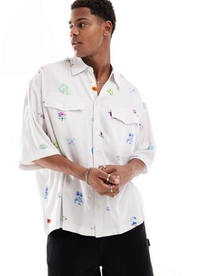 Weekday Andre graphic oversized shirt in off white | ASOS