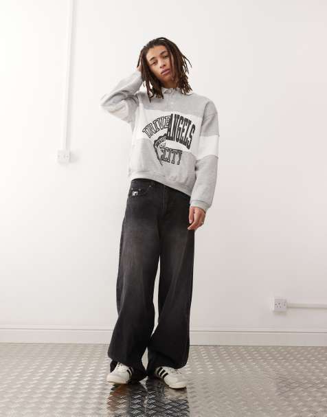 Weekday Andre oversized polo sweatshirt with cut and sew varsity graphic in grey melange - view 1