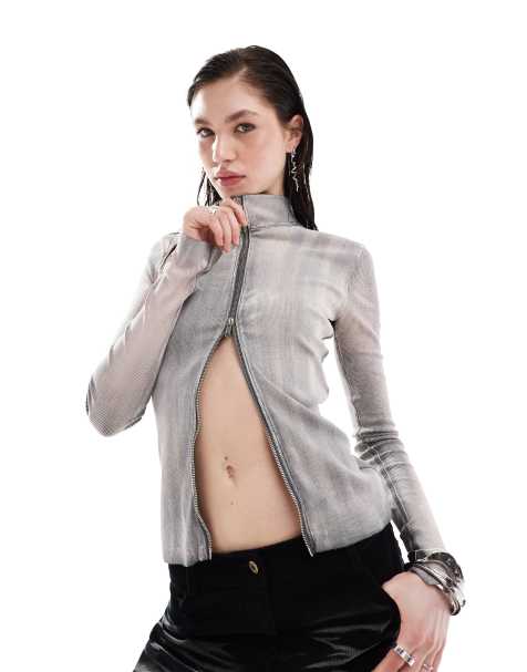 Weekday Anja zip through long sleeve top in washed grey - view 1