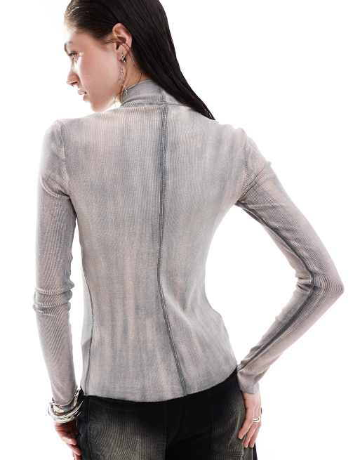Weekday Anja zip up long sleeve top in washed gray, 2 of 4