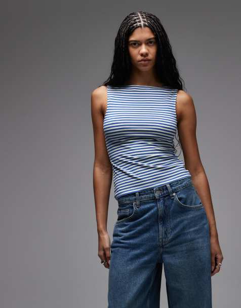 Weekday - Annie - Blød ærmeløs top med bådudskæring og blå/lysegule striber - Kun hos ASOS - view 1