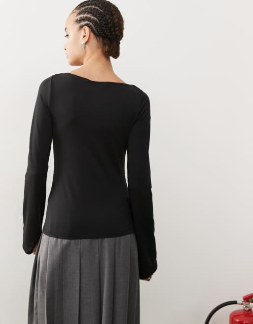 Weekday Annie boat neck long sleeve top in black
