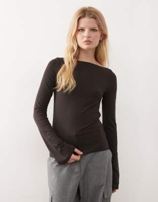 Weekday Annie Boat Neck Long Sleeve Top In Brown