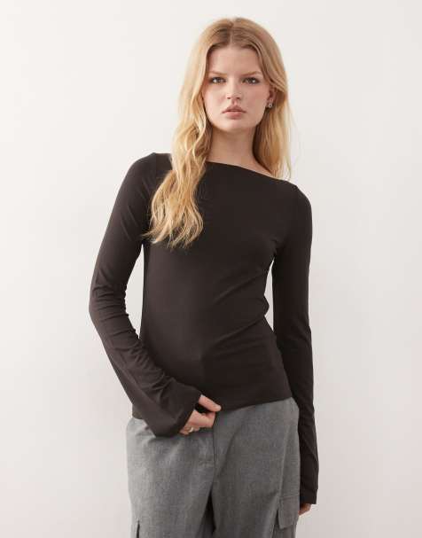 Weekday Annie boat neck long sleeve top in dark brown - view 1