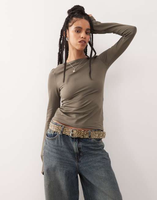 Weekday Annie boat neck long sleeve top in khaki | ASOS