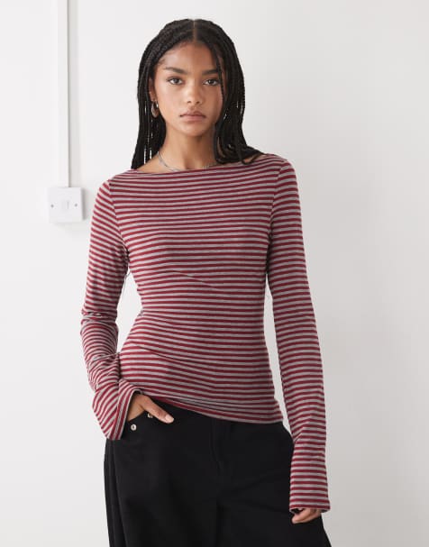 Weekday Annie boat neck long sleeve top in red and gray stripe exclusive to ASOS - view 1
