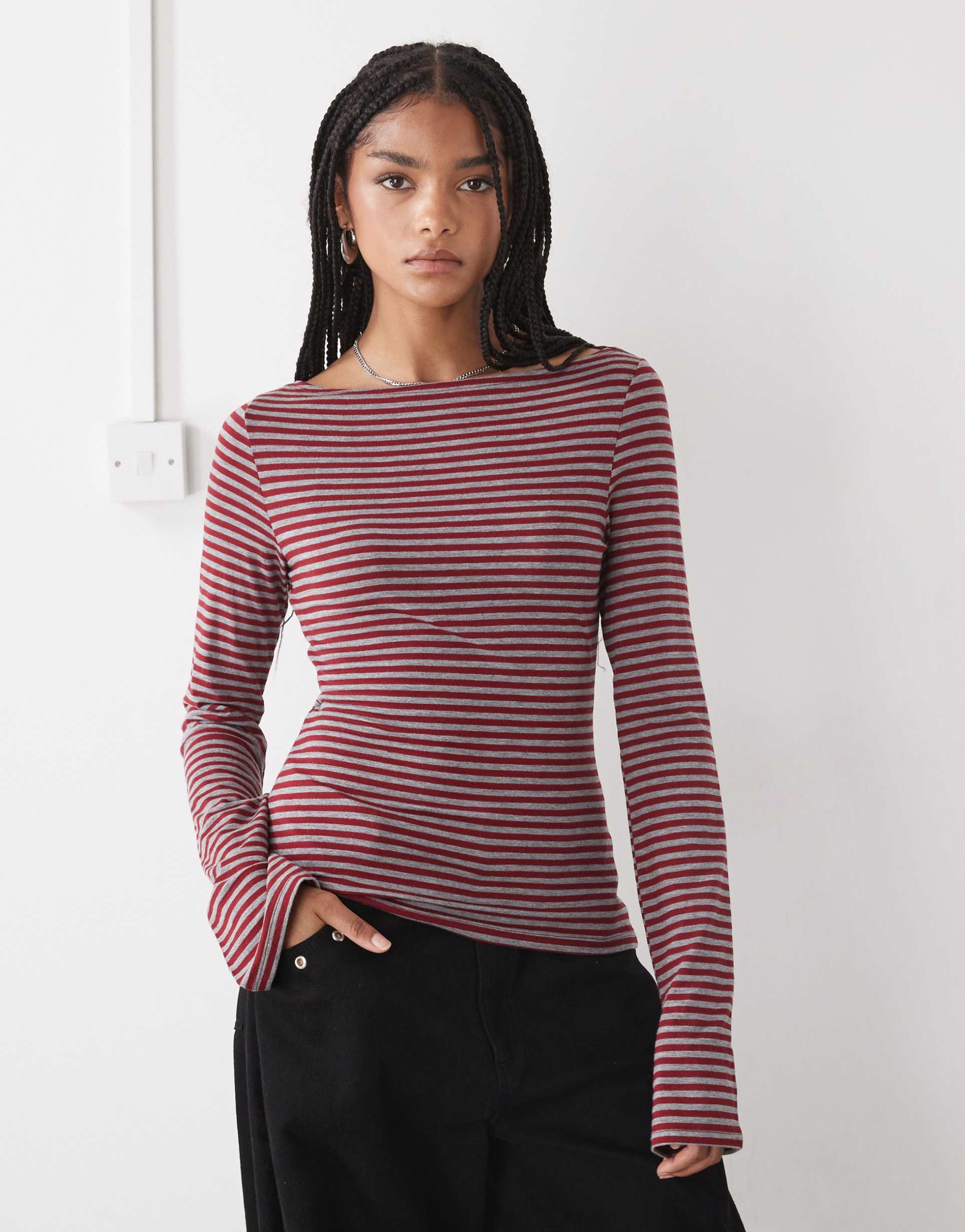 weekday annie boat neck long sleeve top in red and gray stripe exclusive to asos