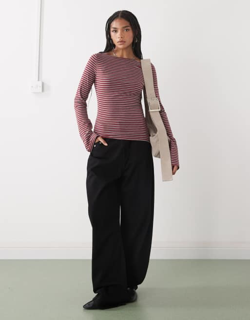 Weekday Annie boat neck long sleeve top in red and grey stripe exclusive to ASOS, 2 of 4