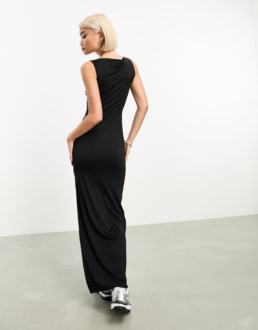 Weekday Annie boat neck maxi dress with side split in black