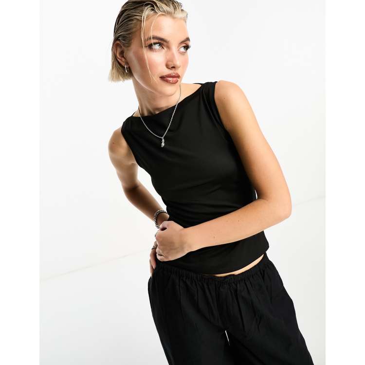 Super soft sleeveless boatneck top - Charcoal - Monki