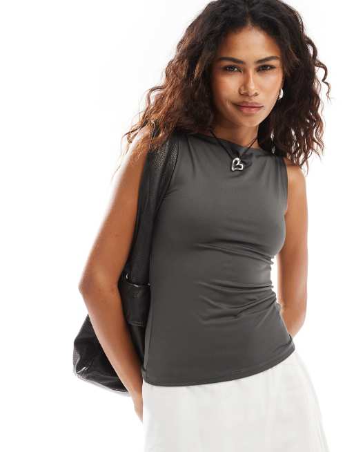 Weekday Annie boat neck tank top in dark gray