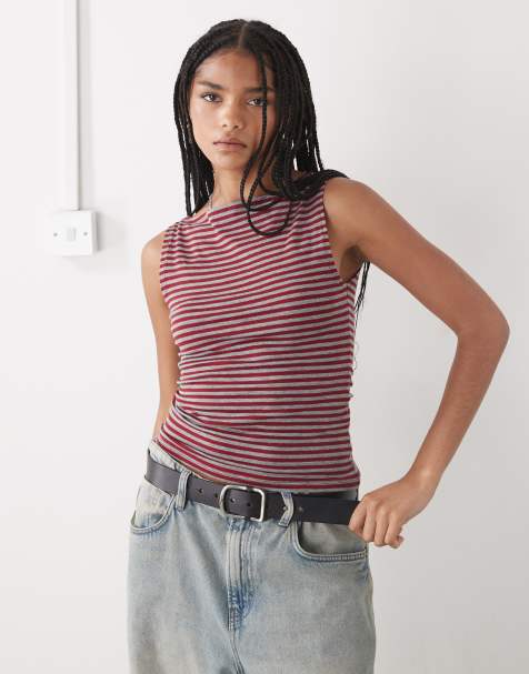 Weekday Annie boat neck tank top in red and grey stripe - view 1