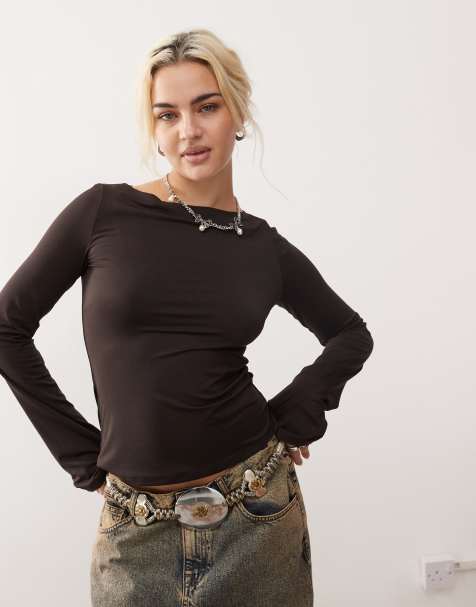 Weekday Annie boatneck long sleeve t-shirt in dark brown - view 1