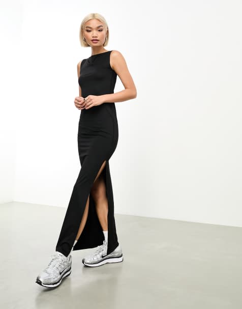 ASOS DESIGN lace halter jumpsuit with front split hem in black