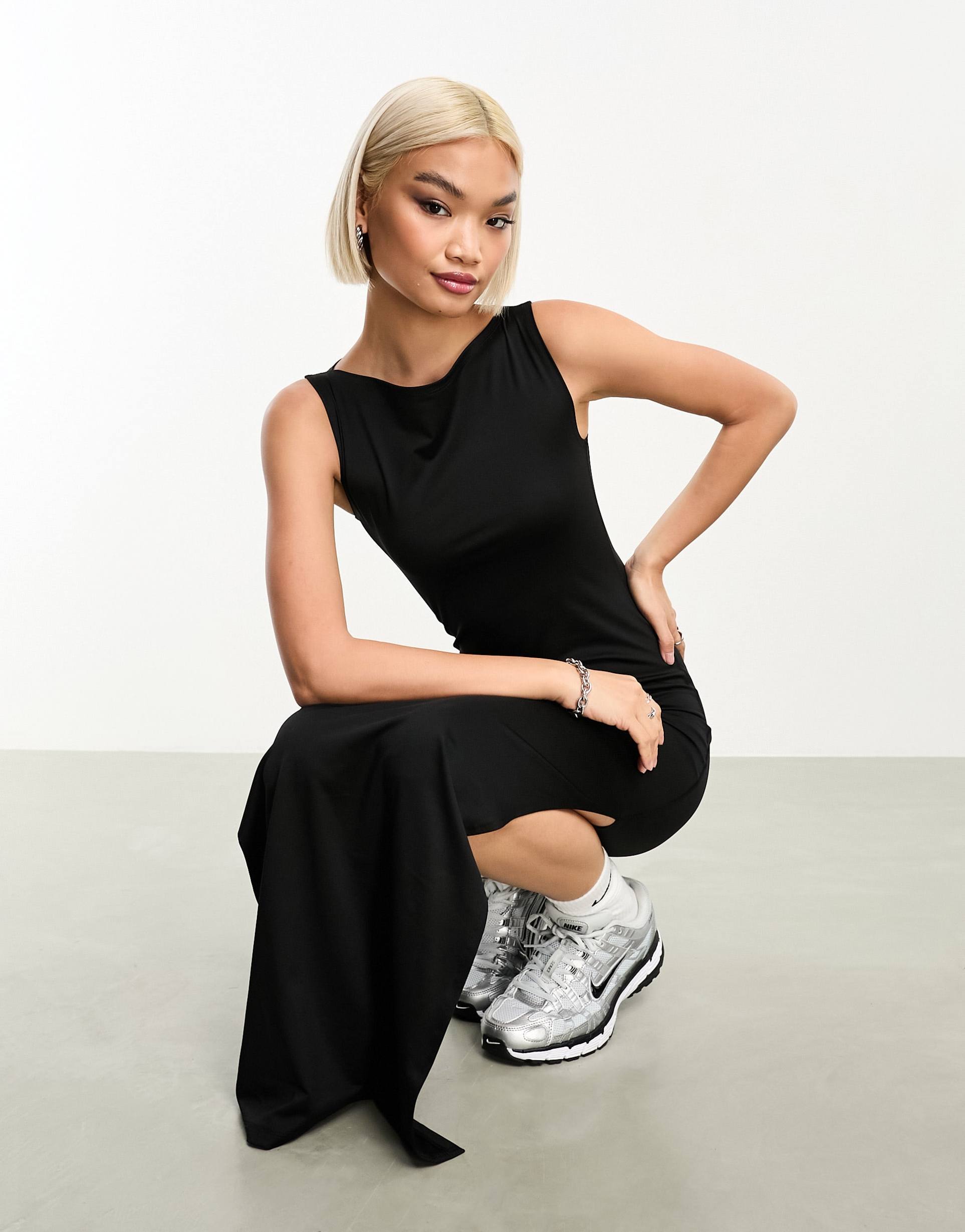 weekday annie boatneck maxi dress with side split in black