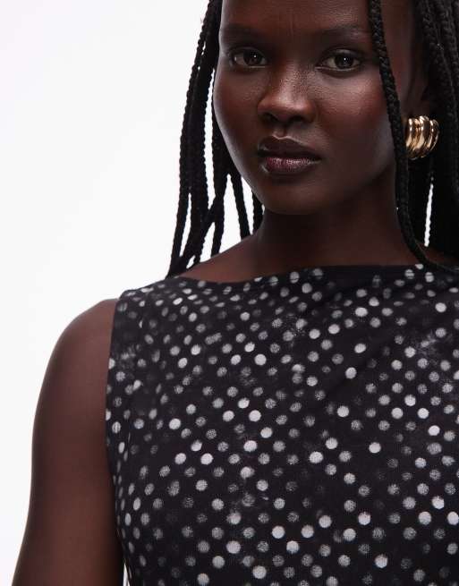 Weekday Annie boatneck mesh top in black polka dots, 2 of 4